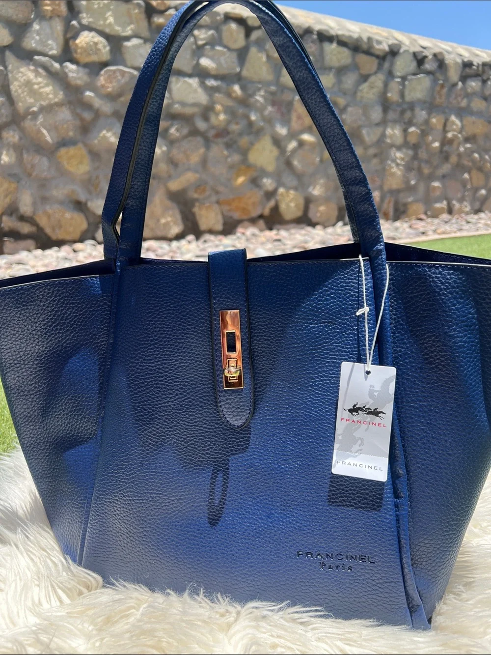 Pebbled Navy Leather Tote with Gold Hardware - Picture 2 of 12